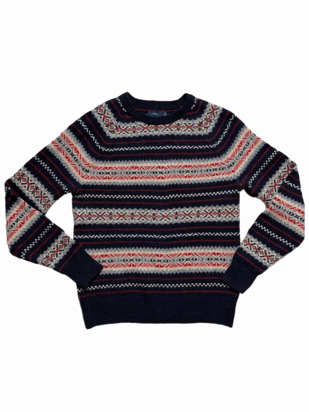 JCREW Men’s 100% Lambs Wool Fair Isle Navy Blue Red Crewneck Sweater S Festive
